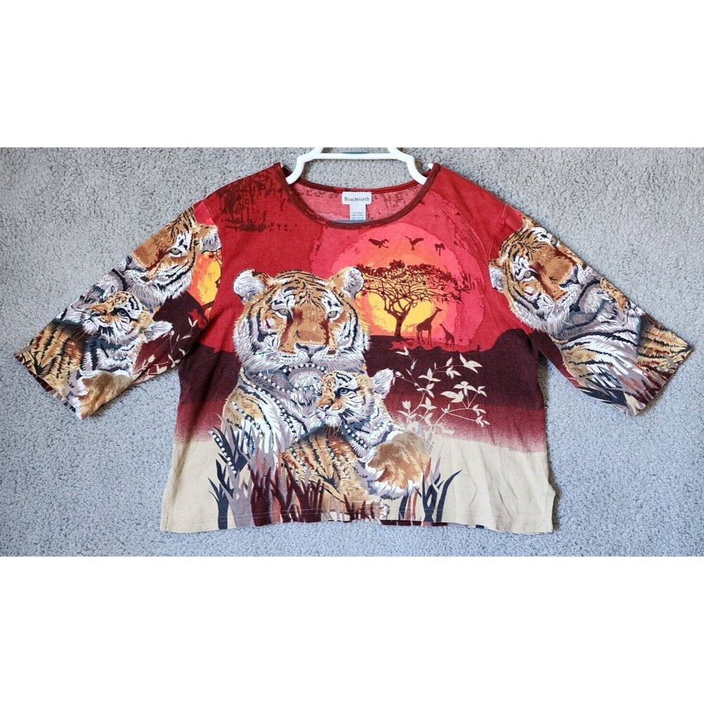 BonWorth Women's 3/4 Sleeve T Shirt Double Sided AOP Sunset Tigers Safari Sz MP